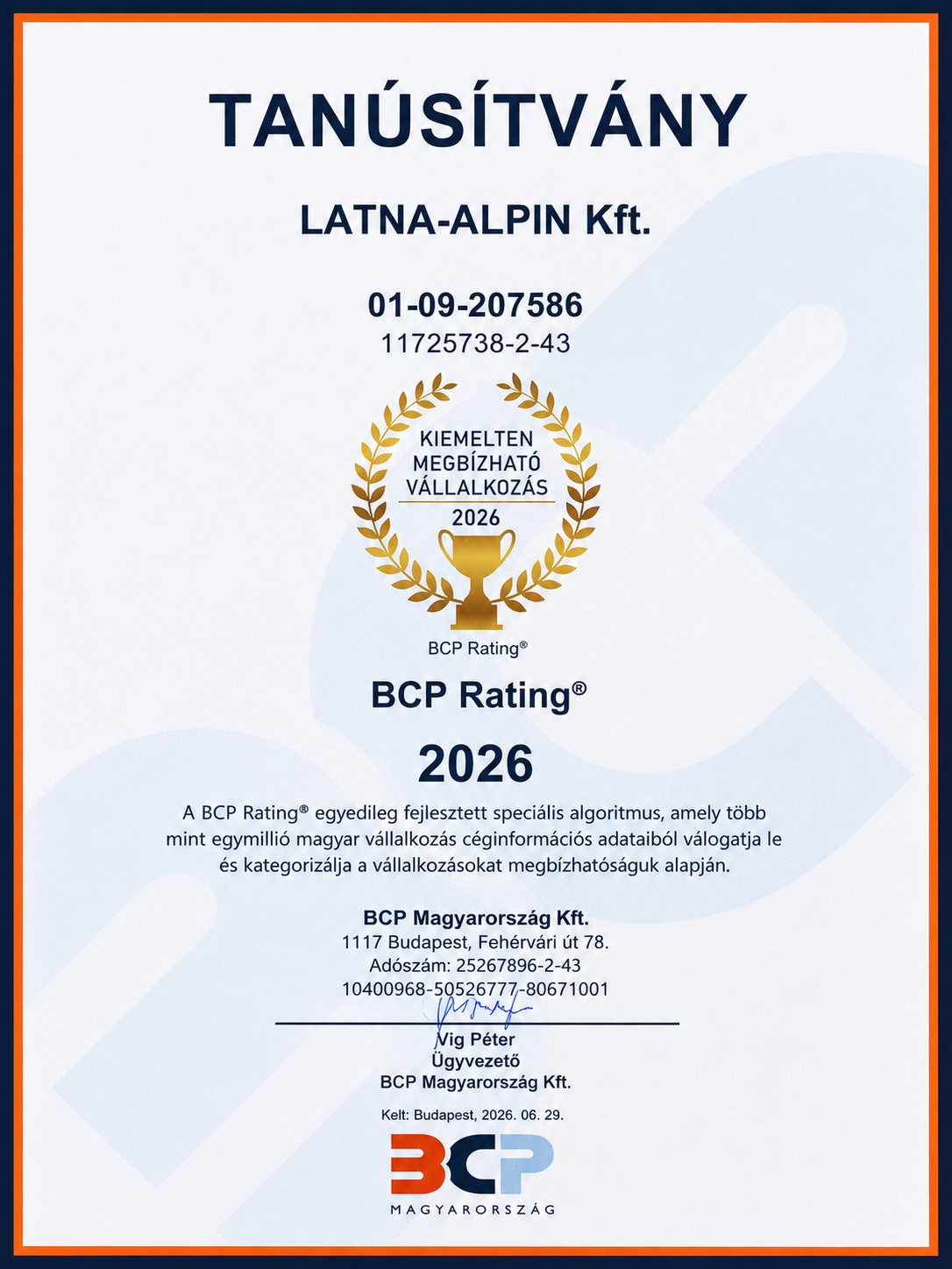 Latna-Alpin Kft. Kiemelten Megbízható Vállalkozás 2026 tanúsítvány
